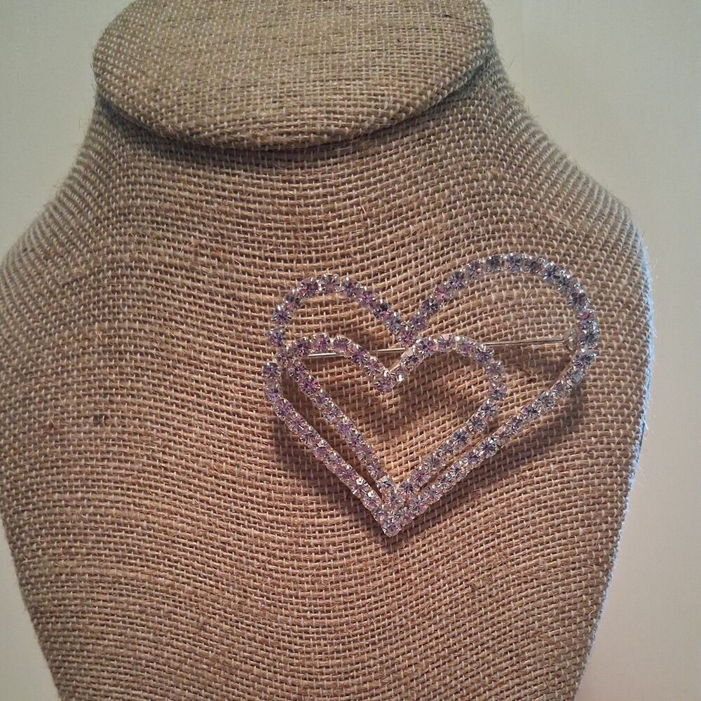 Signed RMN (ROMAN) Large Double Heart Rhinestone Brooch Pin